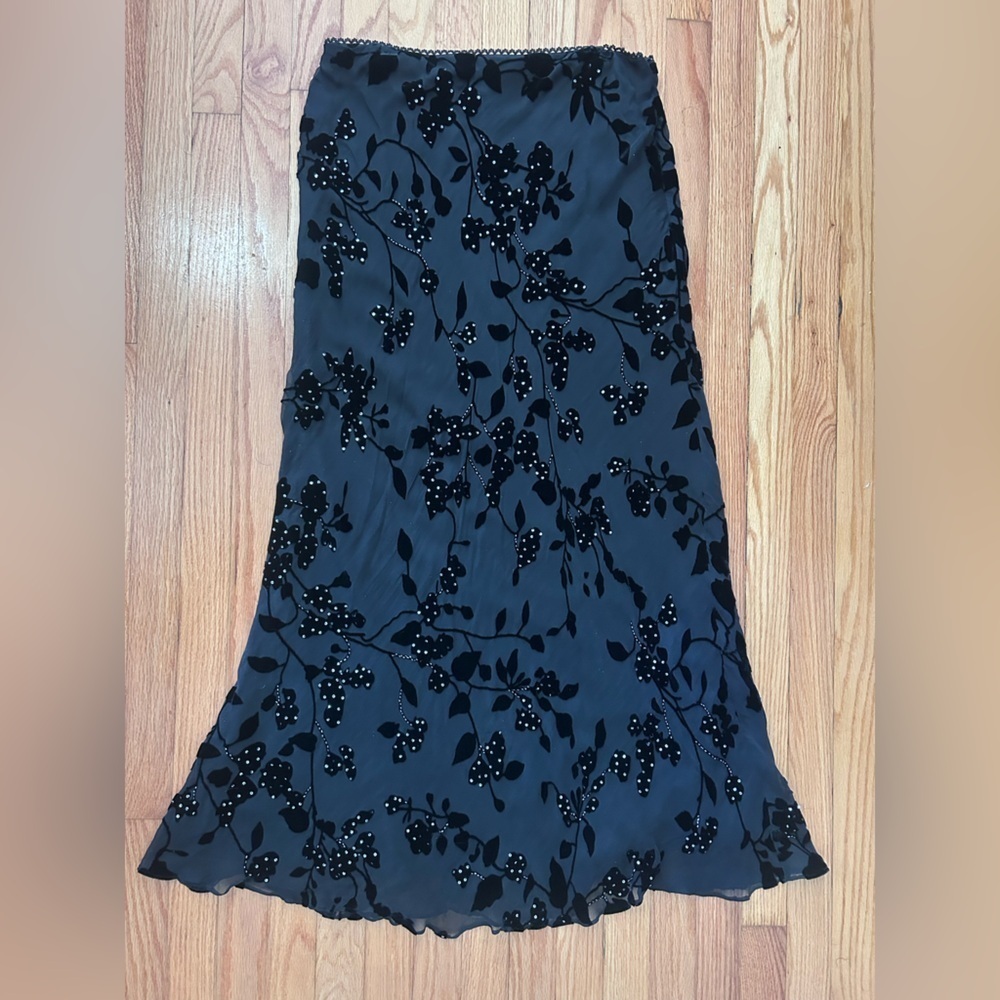 XSCAPE Black Velvet Burnout Silk Beaded Maxi Skirt 16 Formal Evening Wedding - Picture 8 of 15